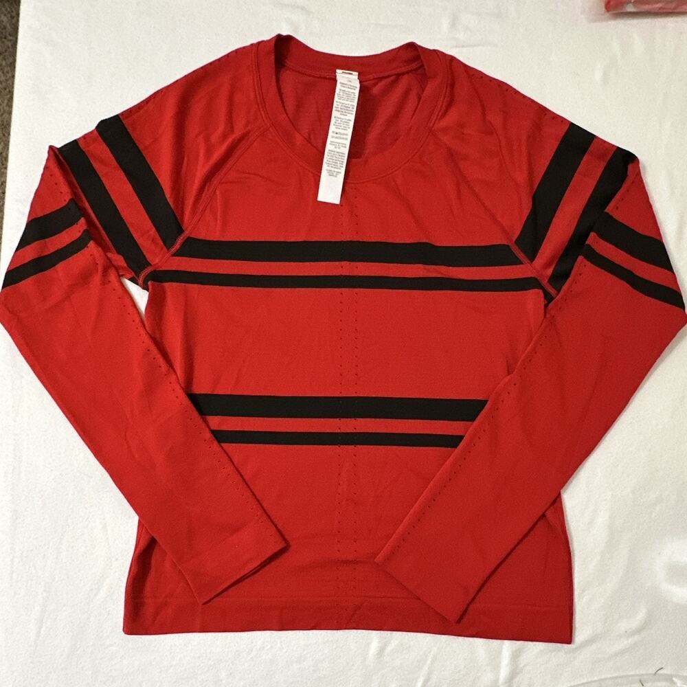 lululemon Women’s Red/Black Striped Long Sleeve Crew Neck Stretch Nylon Top 6